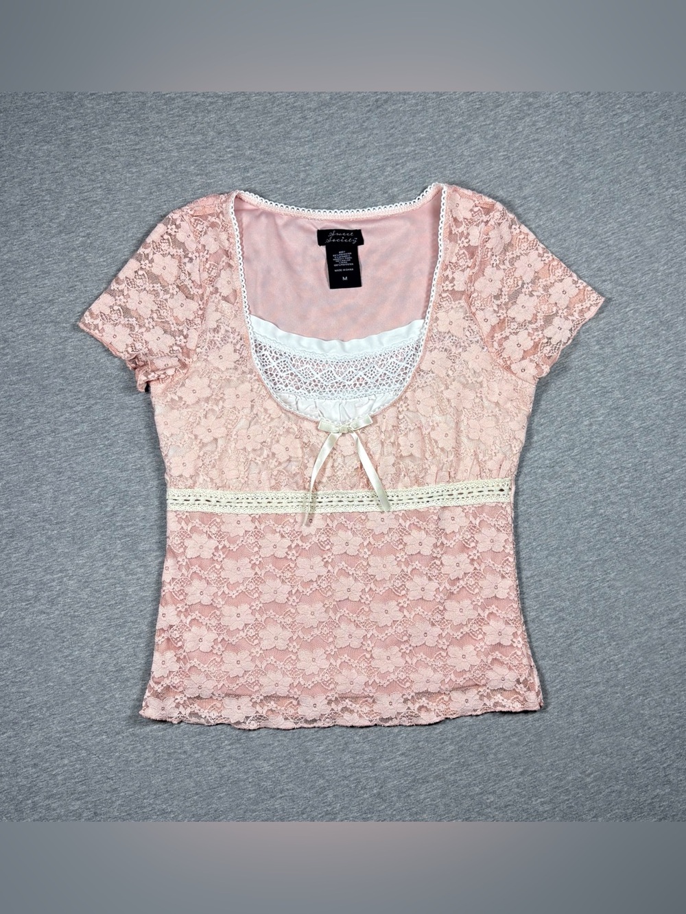 Y2K Coquette Lace Babydoll Top Size S/M Pink Stretch Bow Sweet Society Floral